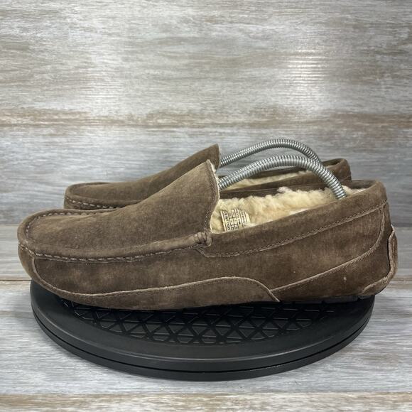 Ugg Men’s Ascot Brown Suede Leather Slippers Moccasins Size 10 - Picture 1 of 8